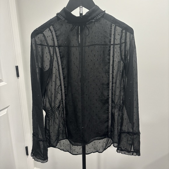 Zara Tops - Zara Sheer Black Dotted Ruffle-Neck Blouse